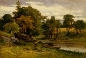 منظر طبيعي بلا عنوان ، قارب يرسو بالقرب من مجرى مائي ، رجل يمشي في المقدمة ، 1879. بواسطة إدوارد ميتشل بانيستر