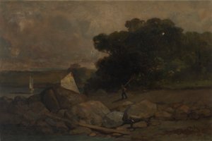 منظر طبيعي غير معنون بالصخور ورجل ومراكب شراعية ، 1895. بواسطة إدوارد ميتشل بانيستر