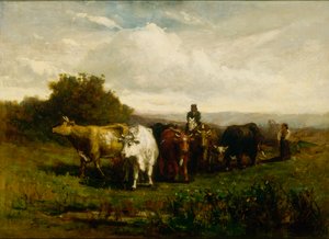 رجل بلا عنوان على ظهور الخيل ، وامرأة تمشي على الأقدام وتقود الماشية ، 1880.