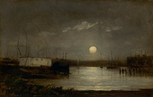 قمر بلا عنوان فوق ميناء ، مشهد رصيف مع اكتمال القمر وصواري المراكب ، كاليفورنيا. 1868.