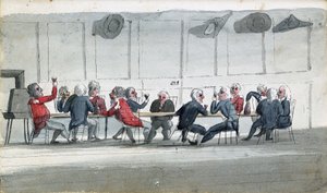 مائدة الضباط، رسم كاريكاتيري يُظهر ضباط البحرية مجتمعين يشربون النبيذ. رسم لإدوارد بيلهام برينتون (1774-1839)، ملون بالألوان المائية بواسطة إدوارد بيلهام برينتون