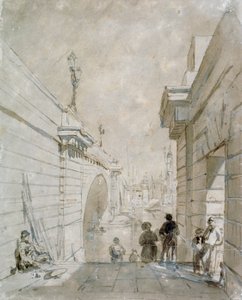 جسر لندن باتجاه الشمال من الهبوط العلوي للدرجات بالقرب من شارع Tooley ، 1833 بواسطة إدوارد ويليام كوك