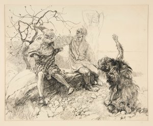 كاليبان ، ستيفانو وترينكولو (آرييل غير مرئي) ، رسم توضيحي للفصل الثاني ، المشهد الثاني ، العاصفة بواسطة إدوين أوستن أبي