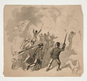 مشهد معركة الحرب الأهلية (الصفحة اليمنى) ؛ رسم توضيحي مجهول لرجل في غابة (ظهر) بواسطة إدوين أوستن أبي