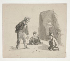 أربعة أولاد يلعبون الكرات (وجه الوجه) ؛ رسم توضيحي غير معروف لصبي على حامل في الداخل (ظهر) بواسطة إدوين أوستن أبي