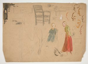 دراسات الرأس والشكل ، ودراسة كرسي (وجه الصفحة) ؛ اسكتشات للرسوم التوضيحية للكتب (ظهر) بواسطة إدوين أوستن أبي