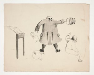 رجل يتأرجح دلو إلى اثنين من الأولاد (وجه) ؛ رجلان خلف جدار (ظهر) بواسطة إدوين أوستن أبي