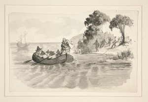 رجال في زورق تجديف يفرون من الهنود على الشاطئ - رسم غير معروف (كولومبوس يكتشف العالم الجديد؟) - المستكشفون الذين هبطوا في العالم الجديد بواسطة إدوين أوستن أبي