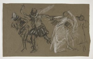 بتروشيو يسحب كاثرينا ، من ترويض النمرة (وجه) ؛ رسم تخطيطي لشخص جالس (ظهر) بواسطة إدوين أوستن أبي