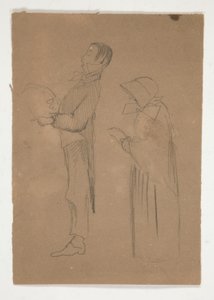 دراسات الملف الشخصي للرجل والمرأة العجوز (وجه الصفحة) ؛ ثلاث رسومات تخطيطية للرؤوس ورسم تخطيطي مجهول (ظهر) بواسطة إدوين أوستن أبي