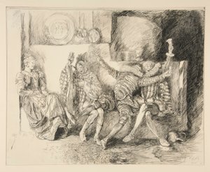 السير توبي ورفاقه ، رسم توضيحي للفصل الثاني ، المشهد الثالث ، الليلة الثانية عشرة بواسطة Edwin Austin Abbey