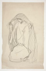 رسم تخطيطي لشخصية أنثوية ترتدي عباءة في الصلاة من أجل ثلاث مريم على الصليب بواسطة إدوين أوستن أبي