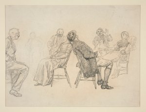رسم تخطيطي لزوجين يلعبان لعبة ، محاطان بالمشاهدين ، في مكان داخلي (؟) - رسم توضيحي غير معروف بواسطة إدوين أوستن أبي