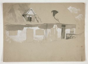 رسم تخطيطي للجزء الخارجي من كوخ بواسطة إدوين أوستن أبي