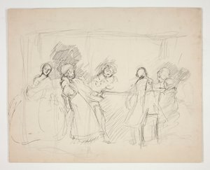 رسم تخطيطي لأشكال حول طاولة - رسم توضيحي غير معروف لمسرحية (؟) بواسطة إدوين أوستن أبي