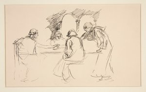 رسم تخطيطي لأربعة رجال يرتدون ملابس من العصور الوسطى على طاولة - رسم غير معروف ، ربما لـ بواسطة إدوين أوستن أبي
