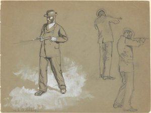 ثلاث رسومات لرجل يحمل مسدسًا (وجه) ؛ دراسات الشكل وصورة أ.س.وينا (؟) (العكس) بواسطة إدوين أوستن أبي