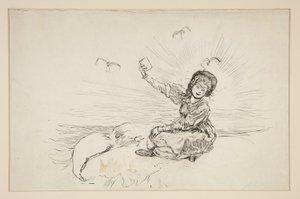 امرأة على الشاطئ تحمل كتابًا ، رسم تخطيطي لـ The Lay of the Lobster بواسطة إدوين أوستن أبي