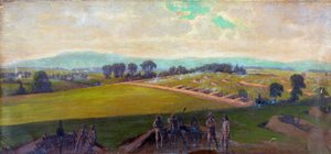 الحرب الأهلية الأمريكية 1861-1865: معركة جيتيسبيرغ 1-3 يوليو 1863. أثقل عدد من الضحايا الأمريكيين في أي حرب أخرى. "الموقف الأخير لجيش فرجينيا ، بقيادة الجنرال لي". زيت. إدوين فوربس (1839-1895) فنان أمريكي. المدفعية العسكرية
