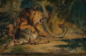 أسد يدافع عن فريسته ، ج. 1840.