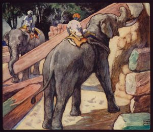 Elephants piling Teak (colour litho) بواسطة إدوين نوبل