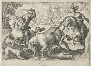 منظر طبيعي مع صيد الثور مشاهد الصيد (عنوان المسلسل) Icones Venantum Species Varias Representantes (عنوان السلسلة) بواسطة انطونيو تمبيستا