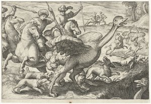 منظر طبيعي مع صيد النعام مشاهد الصيد (عنوان المسلسل) Icones Venantum Species Varias Representantes (عنوان السلسلة) بواسطة انطونيو تمبيستا
