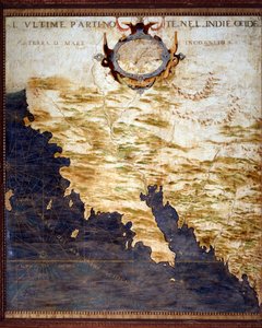 رسم خريطة حدود جزر الهند الغربية والأراضي غير المعروفة إجنازيو دانتي (1536-1586) عالم رياضيات وعالم كوزموغرافي ومهندس إيطالي. حوالي عام 1567. فلورنسا ، قصر فيكيو ، سالا ديل ماباموندو بواسطة اجنازيو دانتي