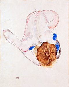 امرأة عارية ترتدي جوارب زرقاء ، تميل إلى الأمام - جواش على ورق بواسطة إيغون شييل (1890-1918) بواسطة ايغون شييل