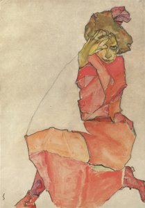 راكع أنثى في فستان برتقالي أحمر ، 1910 بواسطة ايغون شييل