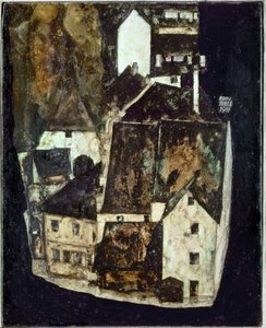 Tote Stadt III (Stadt am blauen Fluss III) [بلدة ميتة Iii (بلدة على النهر الأزرق III)]، ... (زيت وغواش على الخشب) بواسطة ايغون شييل