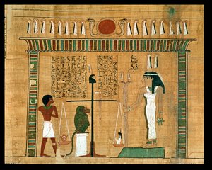 وزن القلب ، تفاصيل من صفحة من كتاب الموتى (ورق البردي) بواسطة مصري
