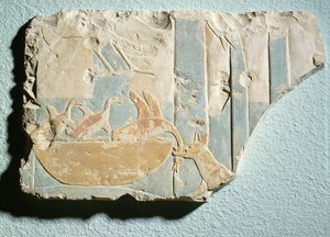 نقش يصور غارة من قبل حيوان يشبه الكلب على عش الطيور ، من المعبد الجنائزي للملك مونتوحتب الثاني ، المملكة الوسطى (الحجر الجيري المطلي)