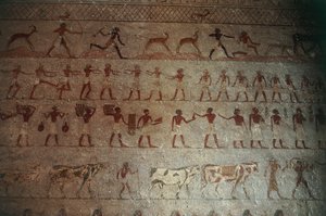 مقبرة بني حسن. مقبرة أمنمحات ، التفاصيل: لوحات جدارية تصور مشاهد الصيد والحياة الريفية بواسطة الأسرة الثانية عشرة المصرية