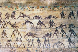 مشاهد القتال ، الرسم على الحائط ، مقبرة كيثي ، مقبرة بني حسن ، مصر ، الحضارة المصرية ، المملكة الوسطى ، الأسرة الثانية عشرة بواسطة الأسرة الثانية عشرة المصرية