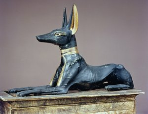 أنوبيس ، إله الموتى المصري من صدر على شكل ضريح ، من قبر توت عنخ آمون (c.1370-52 قبل الميلاد) المملكة الجديدة (الخشب) (انظر أيضًا 63054)