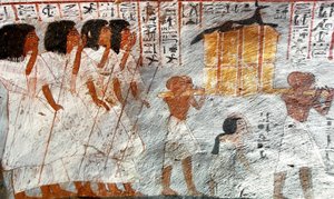 الأنتيكيت المصري: موكب مع حاملي أواني المظلات التي تستخدم لجمع أحشاء المتوفى. رسم قبر روي بواسطة الأسرة الثامنة عشر المصرية