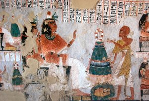 أثر مصري: تمثيل روي وزوجته نبتاوي في مواجهة رئيس كهنة. لوحة قبر روي (TT255). الأسرة الثامنة عشر. من الضفة الغربية للأقصر ، مصر بواسطة الأسرة الثامنة عشر المصرية
