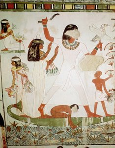 صيد الأسماك والطيور في الأهوار ، التفاصيل من مصلى قبر منة ، المملكة الحديثة (رسم جداري) بواسطة الأسرة الثامنة عشر المصرية