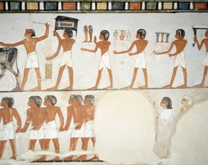 موكب جنائزي ، تفاصيل من اللوحات الجدارية في مصلى مقبرة منة ، مقبرة الشيخ عبد القرنة ، الأقصر ، طيبة (قائمة اليونسكو للتراث العالمي بواسطة الأسرة الثامنة عشر المصرية