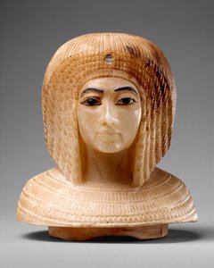 غطاء على شكل رأس امرأة ملكية ، حوالي 1349 - 36 قبل الميلاد (حجر ترافرتين ، زجاج أزرق ، سبج) بواسطة الأسرة الثامنة عشر المصرية