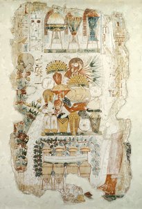 نيبامون يستقبل القرابين من ابنه ، من مقبرة نيبامون ، 1350 ق.م (جدارية)