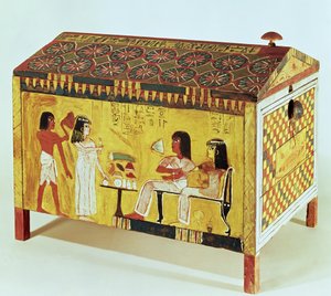 صدر مصبوغ بمنظر مأدبة من مقبرة خا (DC1390-52 قبل الميلاد) عثر عليه في دير المدينة ، المملكة الجديدة (خشب)