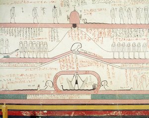 مشهد من كتاب آمدوات يظهر الرحلة إلى العالم السفلي ، المملكة الجديدة (لوحة جدارية)