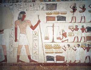 وزن النحاس ، واللوحات الجدارية ، ومقبرة المستخدم ، المعلم والكاتب في عهد أمنحتب الثاني ، المعروف أيضًا باسم قبر TT56 ، الشيخ عبد القرنة ، طيبة (قائمة اليونسكو للتراث العالمي بواسطة الأسرة الثامنة عشر المصرية