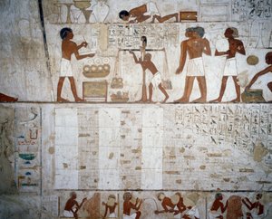وزن الذهب والفضة ، تفاصيل من اللوحات الجدارية في مقبرة رخمير ، مقبرة الشيخ عبد القرنة ، الأقصر ، طيبة (قائمة اليونسكو للتراث العالمي بواسطة الأسرة الثامنة عشر المصرية