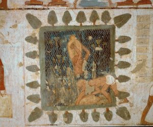 عمال يحملون المزهريات (لوحة جدارية) بواسطة الأسرة الثامنة عشر المصرية