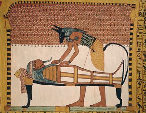 يحضر أنوبيس Sennedjems Mummy ، من مقبرة Sennedjem ، قرية العمال ، المملكة الحديثة (جدارية) (انظر أيضًا 67892)