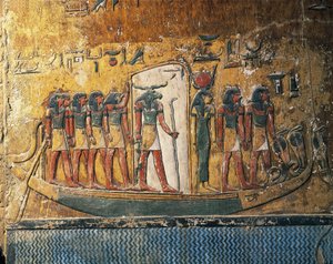 مصر ، الأقصر ، طيبة القديمة ، وادي الملوك ، قبر سيتي الأول ، لوحات جدارية تصور قارب الشمس مع إله برأس كبش بواسطة الأسرة المصرية التاسعة عشرة