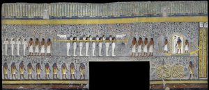 Egypt, Thebes, Luxor, Valley of the Kings, Tomb of Ramses I, mural painting of Ra in solar bark in burial chamber from 19th dynasty بواسطة الأسرة المصرية التاسعة عشرة